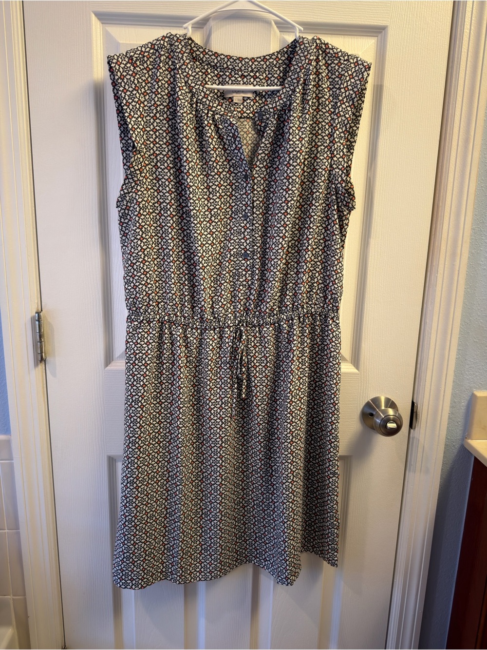 LOFT Navy and White Sleeveless Drawstring Midi Dress
